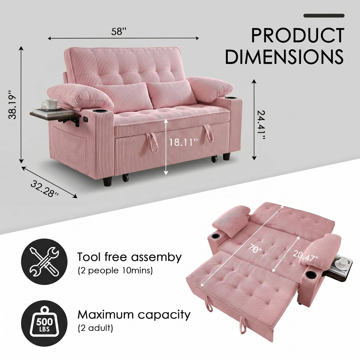 Pink Corduroy Full Size Sleeper Sofa Bed U6988
