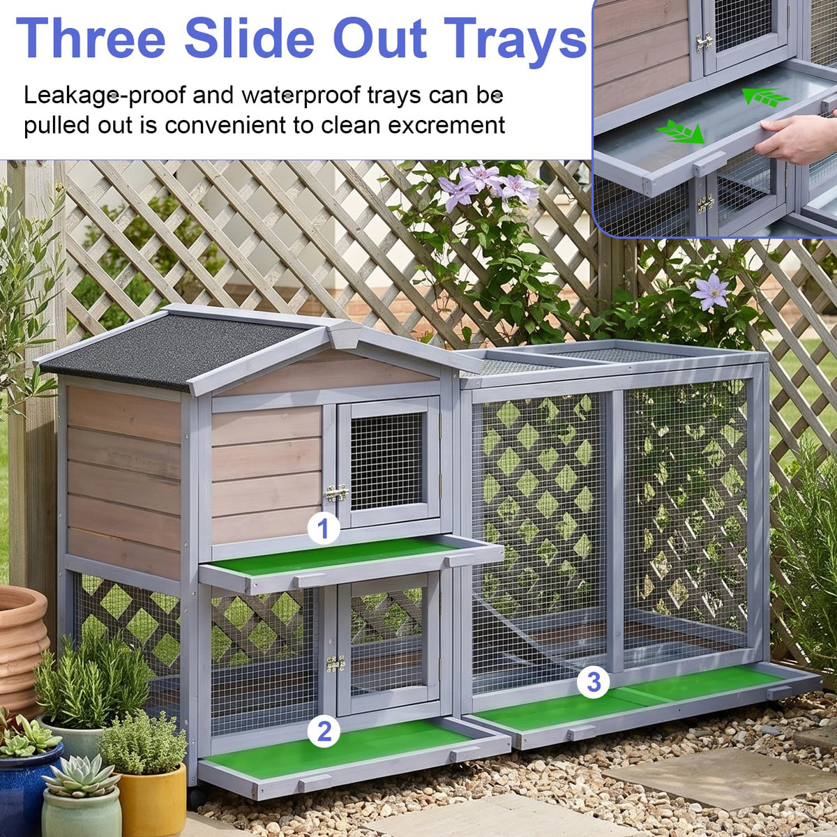Wooden Rabbit Hutch with Casters and Tray M4832