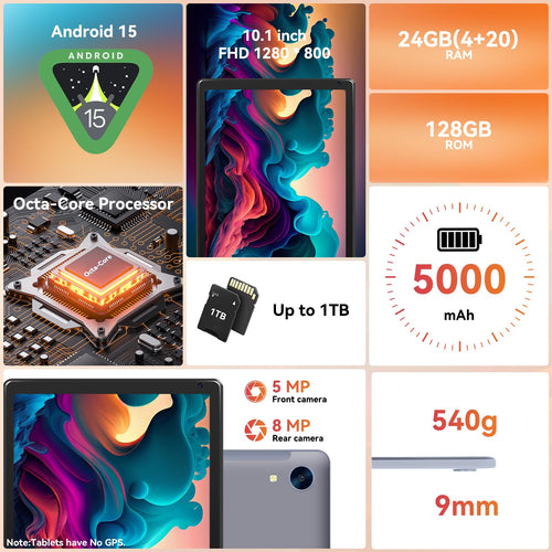 10.1" Android Tablet with Octa-core Processor 24GB RAM 128GB ROM HD IPS Touchscreen R266018