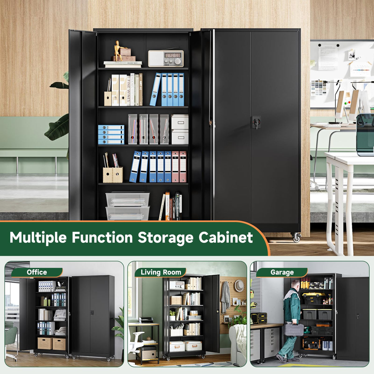 Metal Garage Storage Cabinets with Wheels, Locking Door and Adjustable Shelves (Black, 74.41" H) H75547