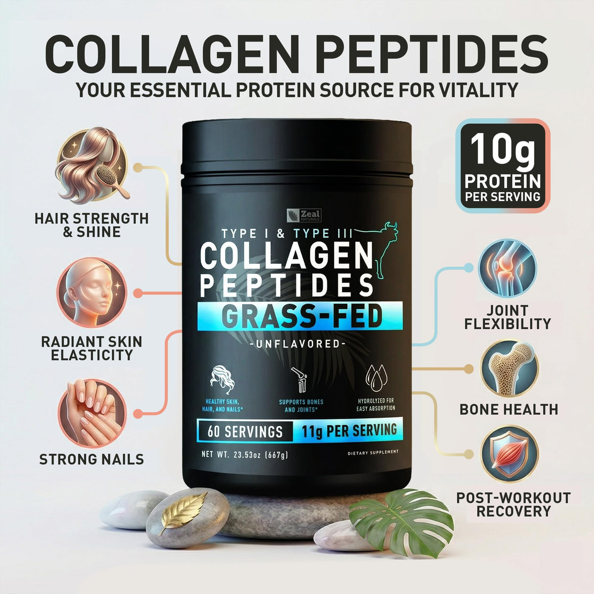 Hydrolyzed Collagen Peptides Powder, 10g Protein, Unflavored, 23.53 oz U3789