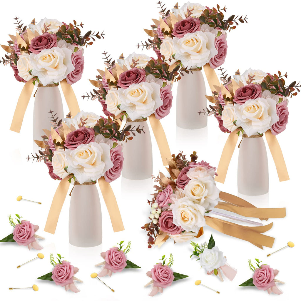 12 Pcs Artificial Bouquets and Boutonniere Set Rose White W66235