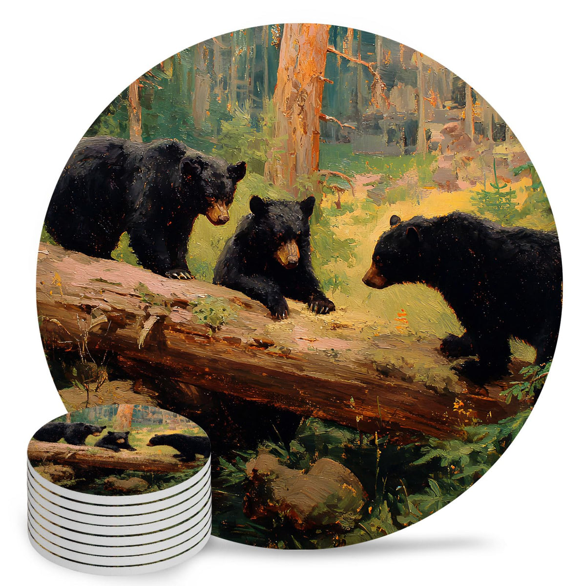 Set of 8 Rustic Black Bears Absorbent Ceramic Coaster with Cork Base P222