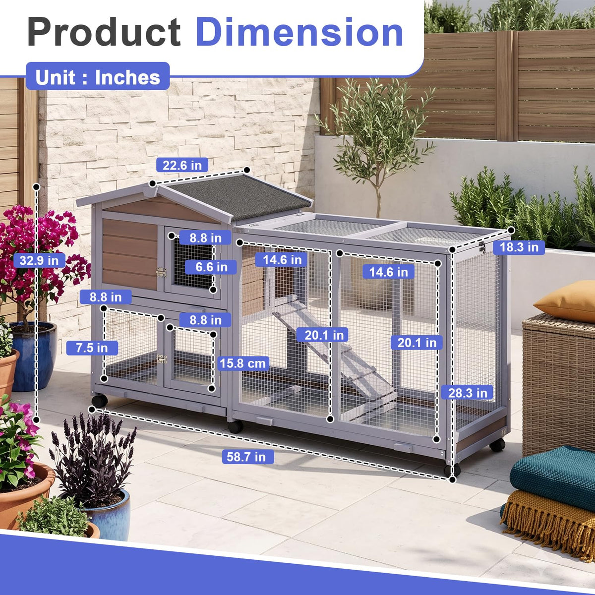 Wooden Rabbit Hutch with Casters and Tray M4832