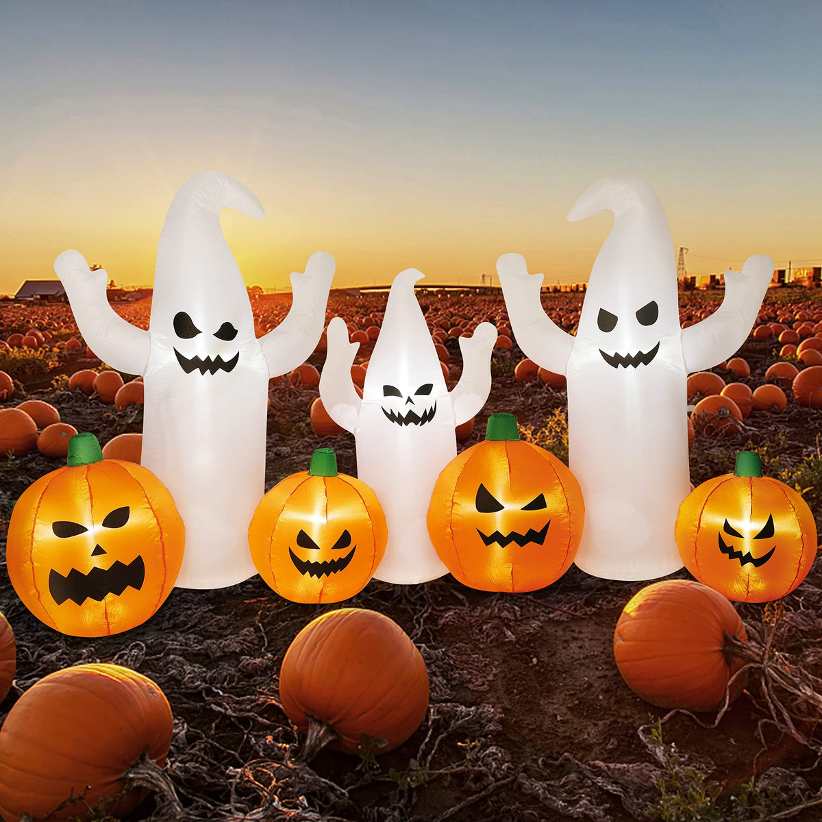 8 FT Lighted Halloween Inflatable Ghosts with Pumpkins I575