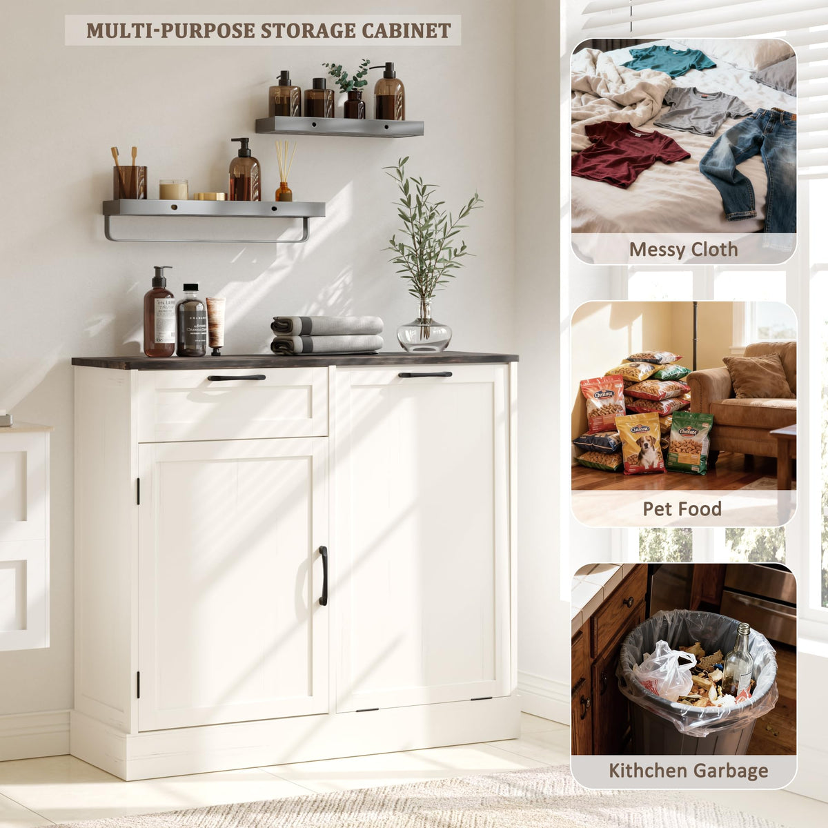 Off-White Tilt Out Trash Can Cabinet L403