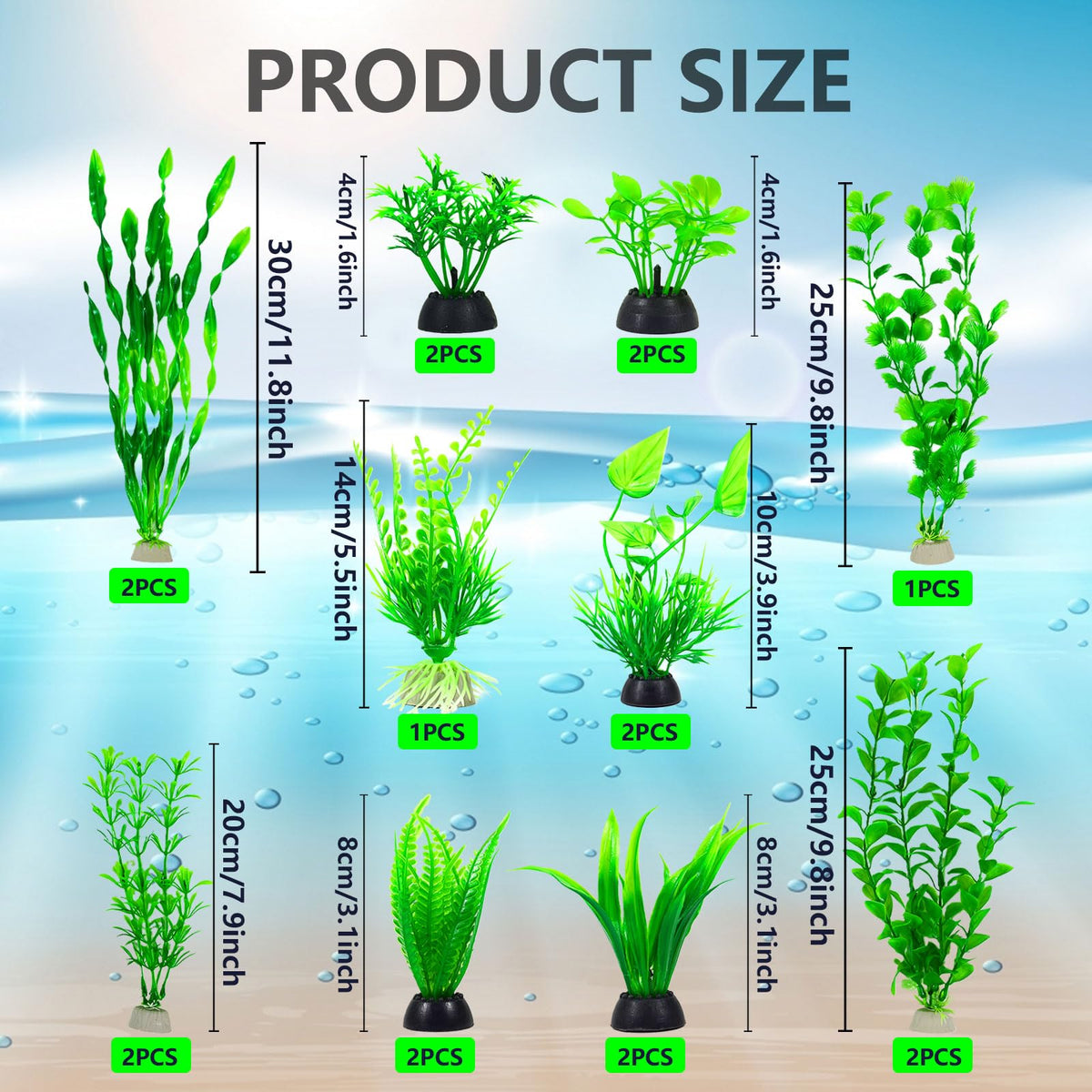 Artificial Aquarium Plants Set, Plastic Fish Tank Decorations (18pcs-Green) Q24781