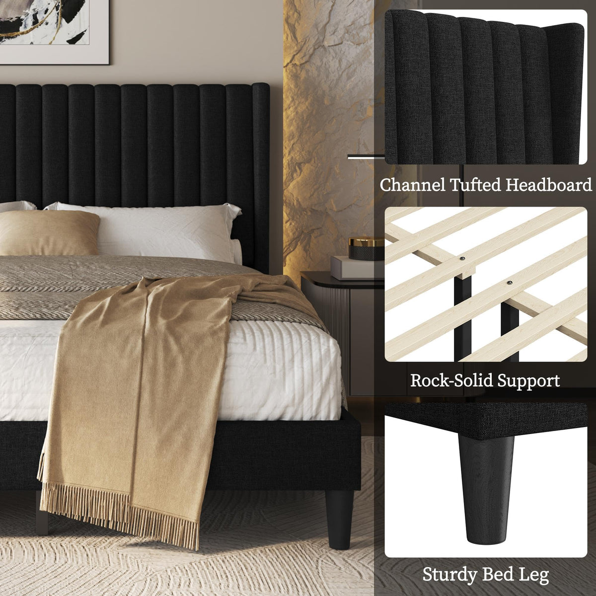Black Queen Bed Frame with Headboard H56832
