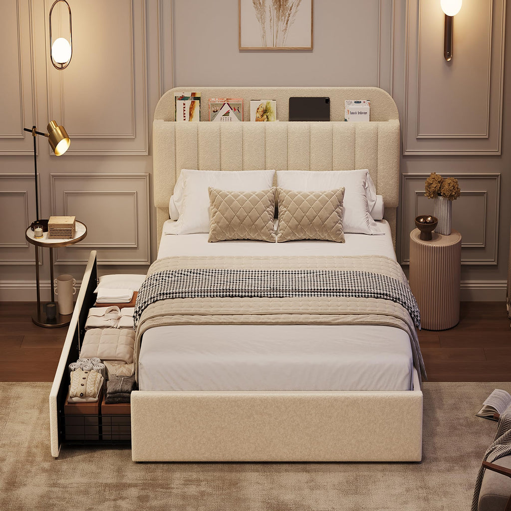 Twin Platform Bed with Storage Headboard & Drawers I539