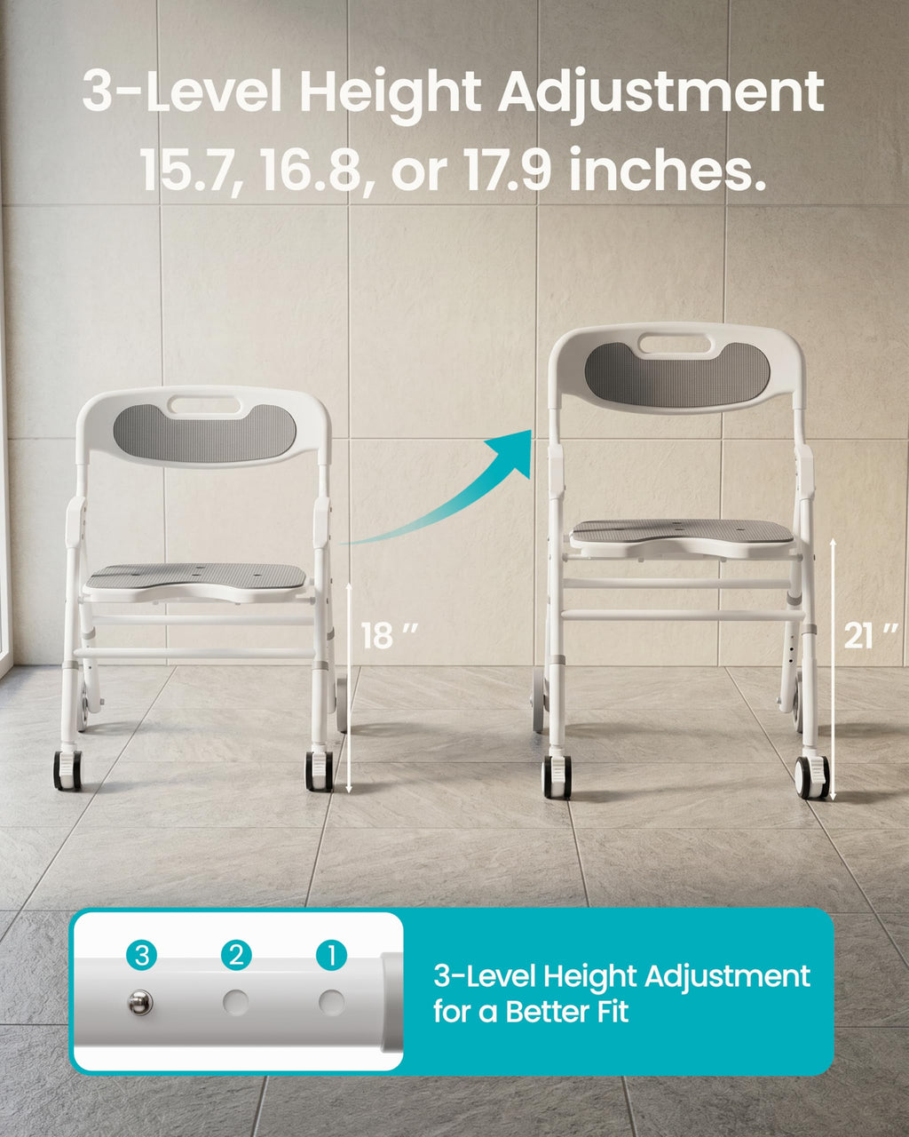 Foldable Rolling Shower Chair with Arms and Back A169060