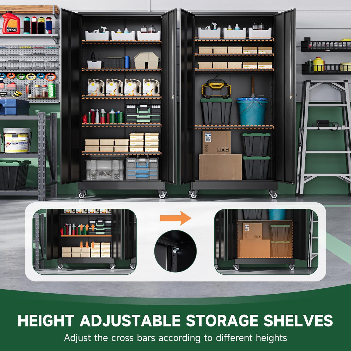 Metal Garage Storage Cabinets with Wheels, Locking Door and Adjustable Shelves (Black, 74.41" H) H75547