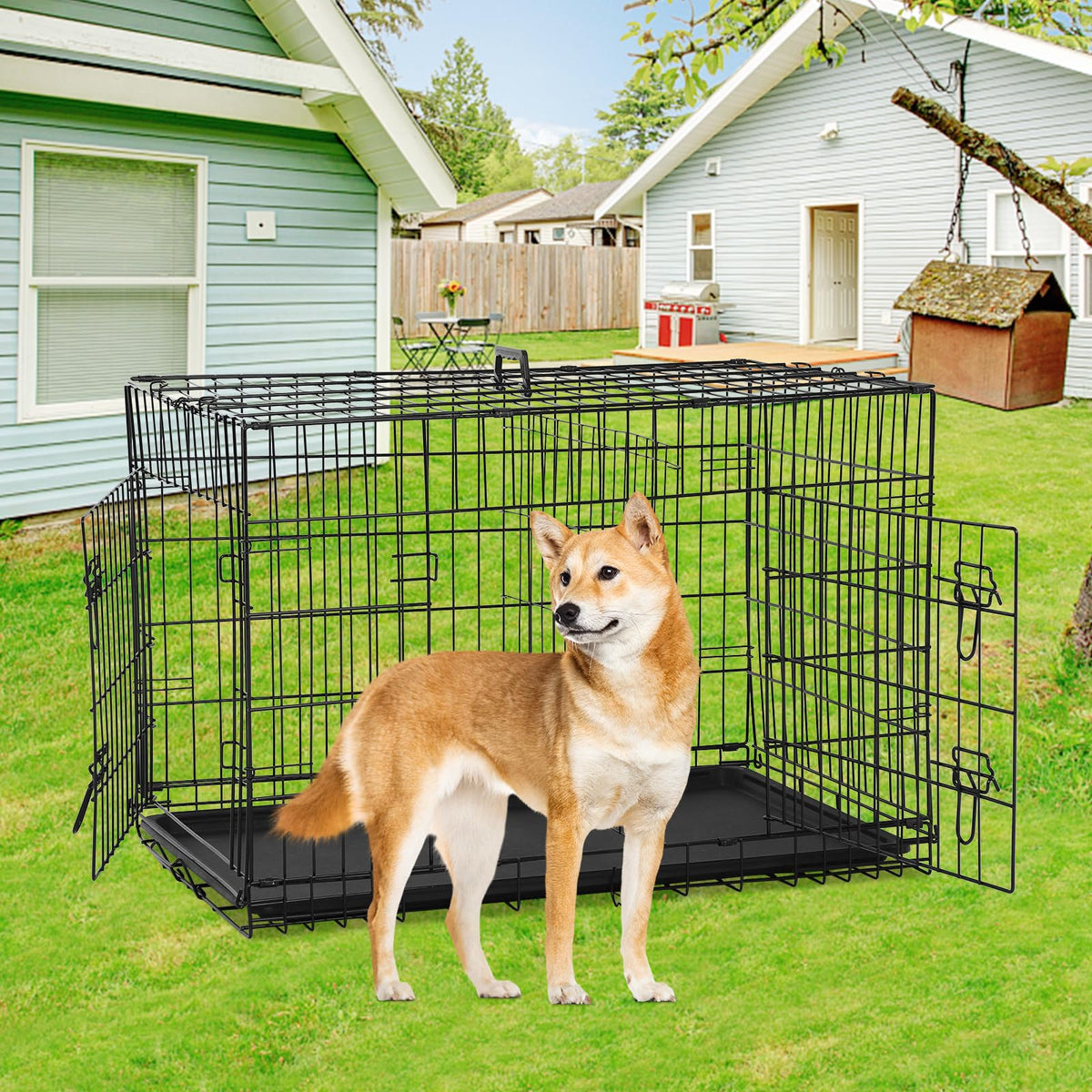 48 Inch Foldable Metal Wire Dog Crate with Tray M996295