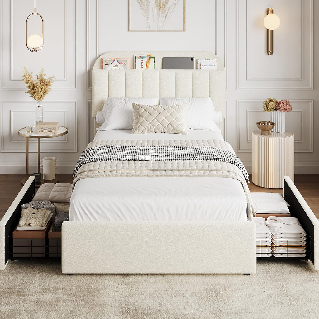 Twin Platform Bed with Storage Headboard & Drawers I539