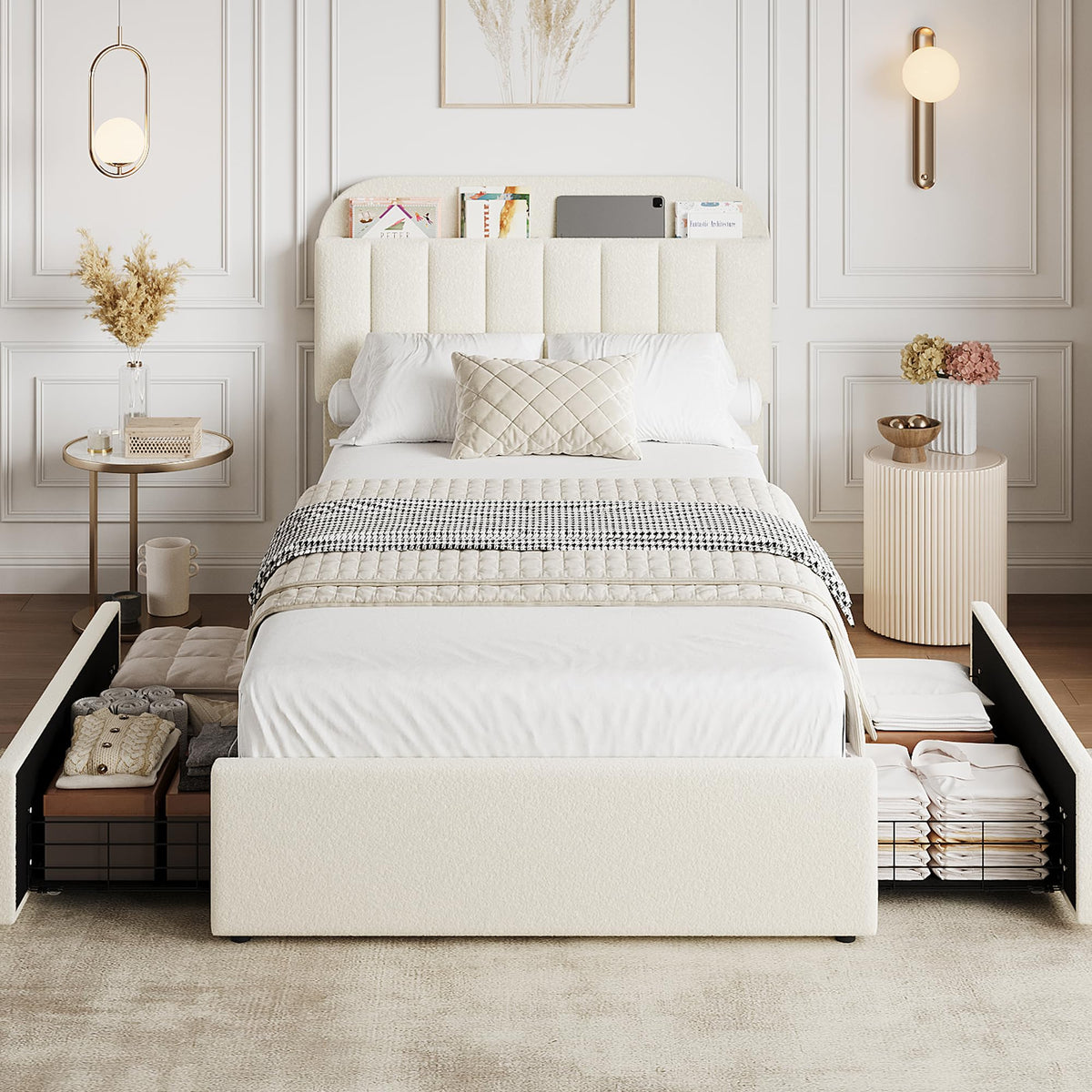 Twin Platform Bed with Storage Headboard & Drawers I539