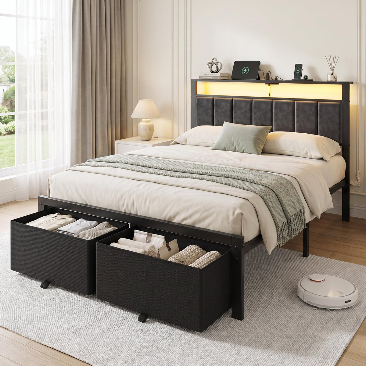 Full Size Bed Frame with Upholstered Headboard and 2 Storage Drawers F660