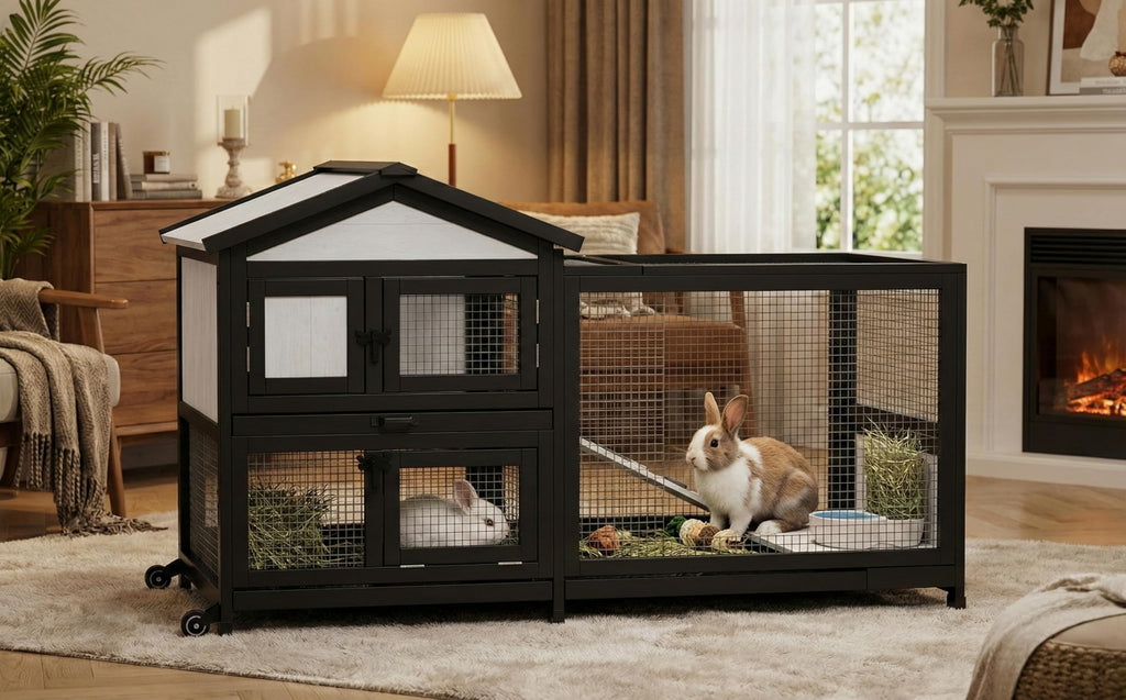 Black 2-Story Rabbit Hutch with Pull Out Tray A5467