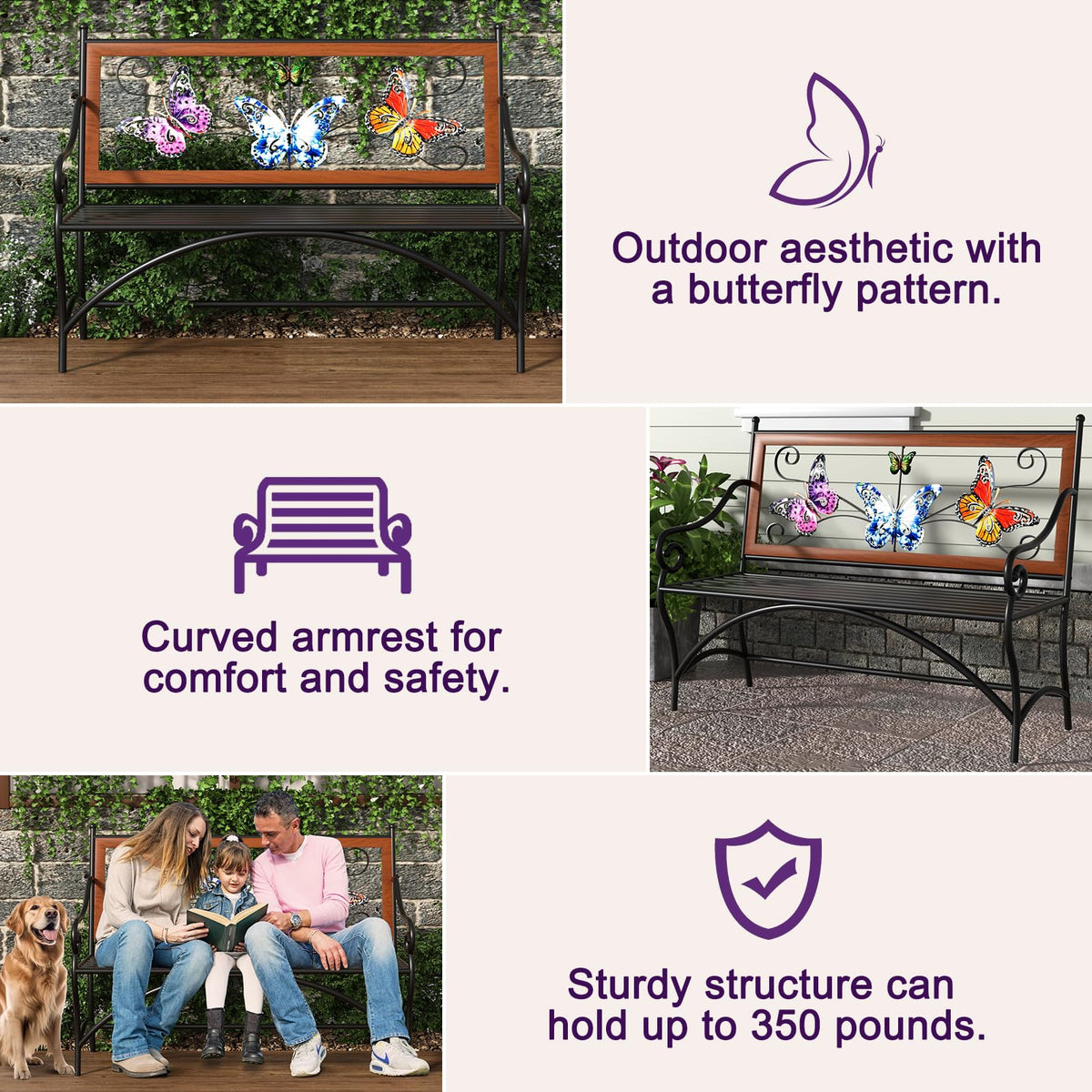 39.7" Black Metal Outdoor Bench with Armrest G545