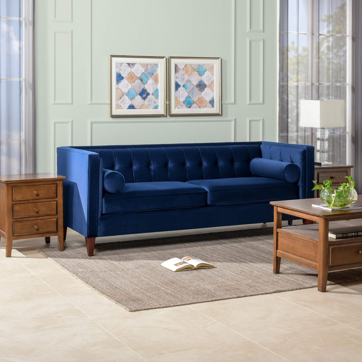 84" Navy Blue Velvet Tufted Sofa O8025