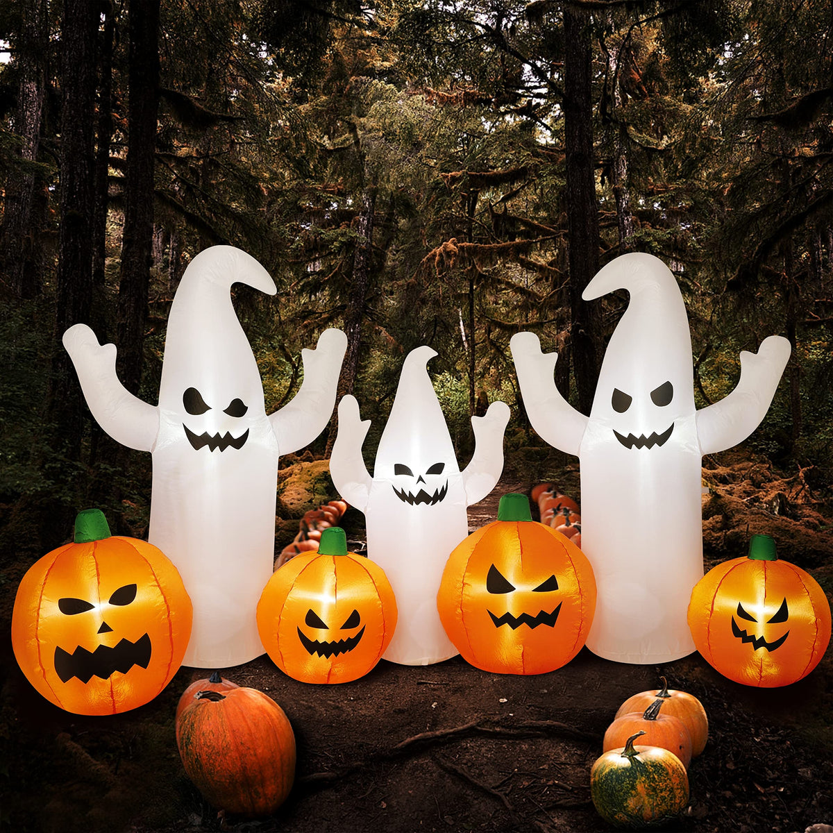 8 FT Lighted Halloween Inflatable Ghosts with Pumpkins I575