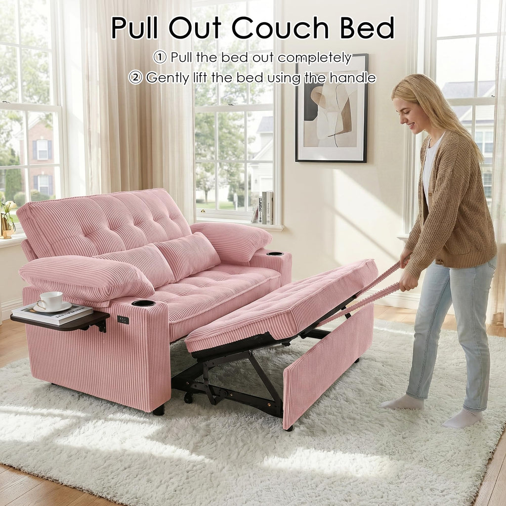 Pink Corduroy Full Size Sleeper Sofa Bed U6988