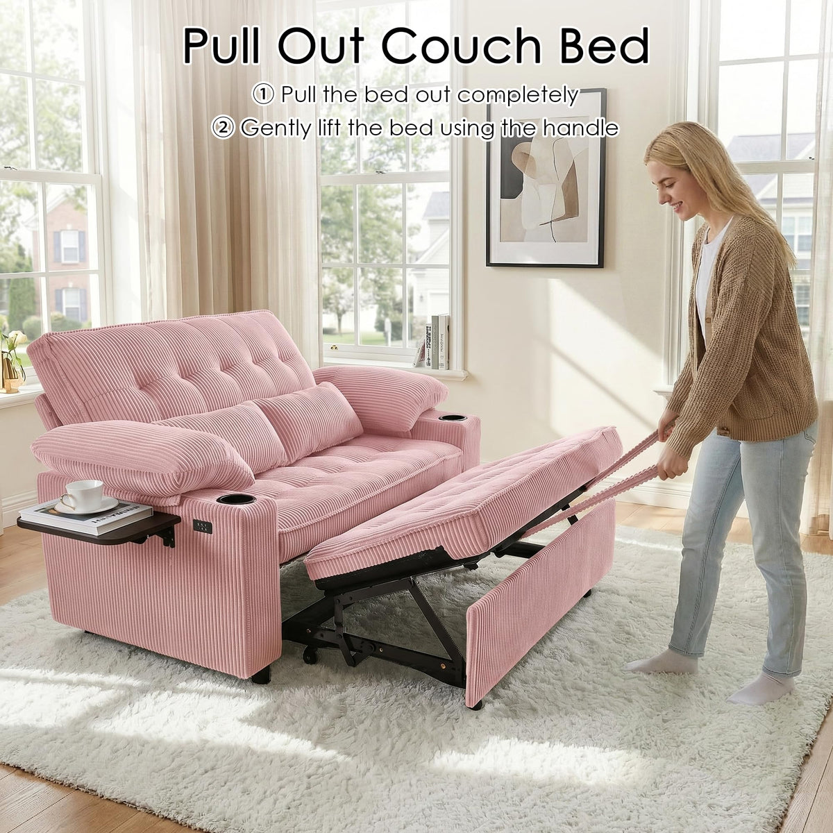 Pink Corduroy Full Size Sleeper Sofa Bed U6988
