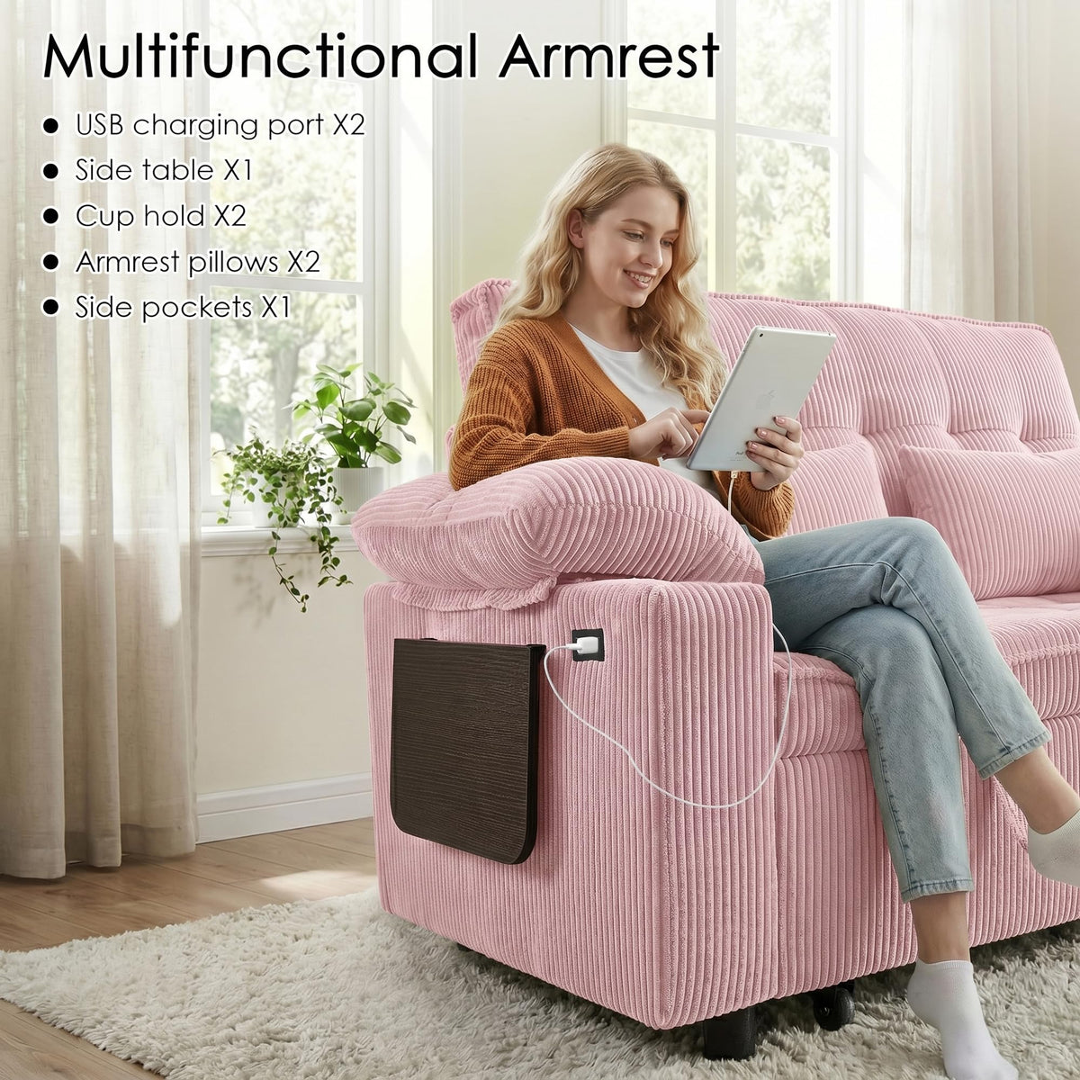 Pink Corduroy Full Size Sleeper Sofa Bed U6988