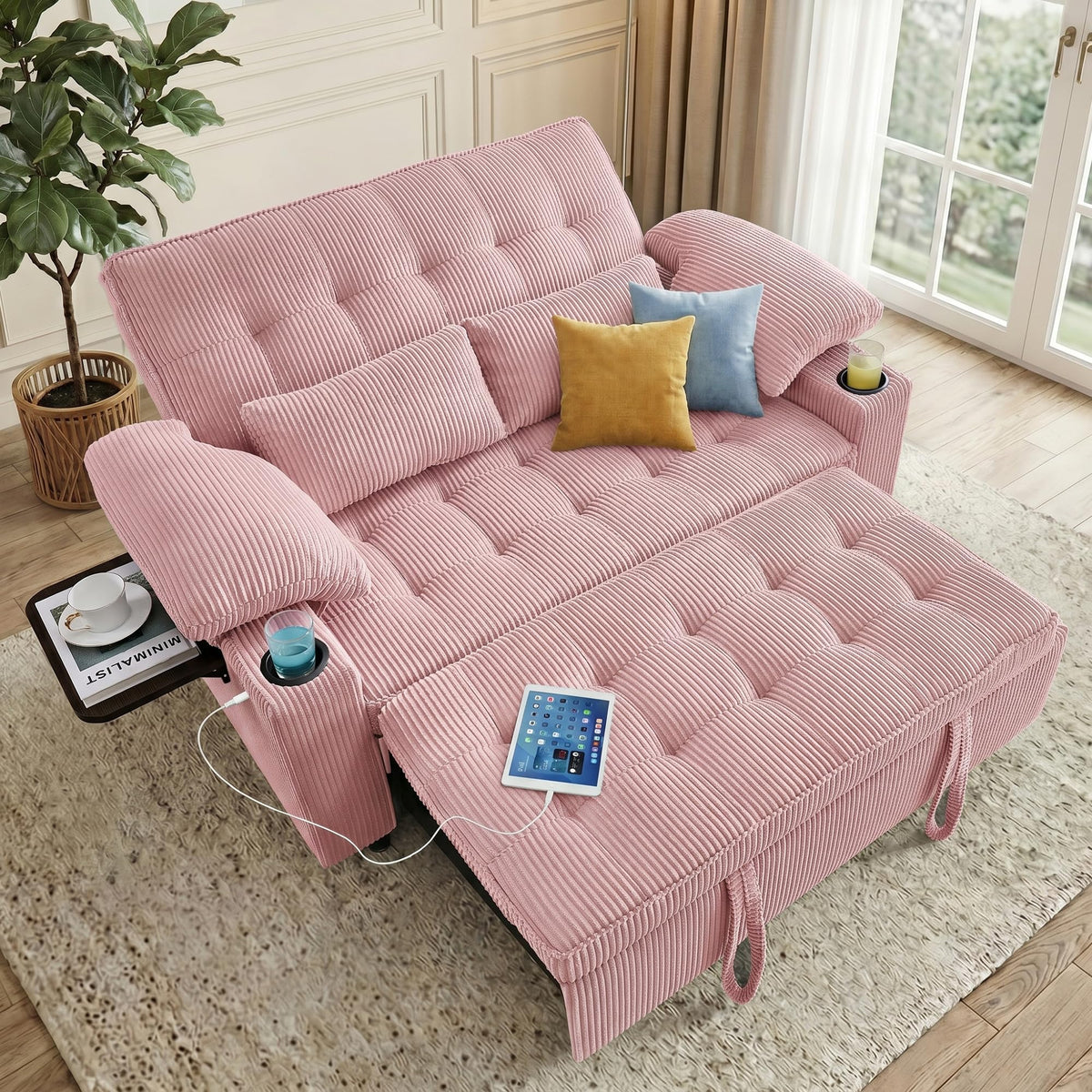Pink Corduroy Full Size Sleeper Sofa Bed U6988
