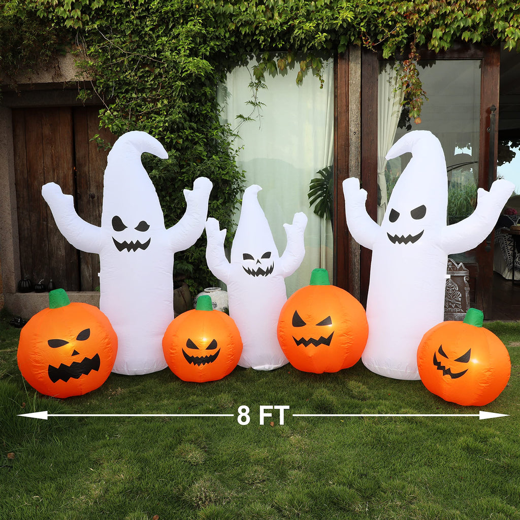8 FT Lighted Halloween Inflatable Ghosts with Pumpkins I575