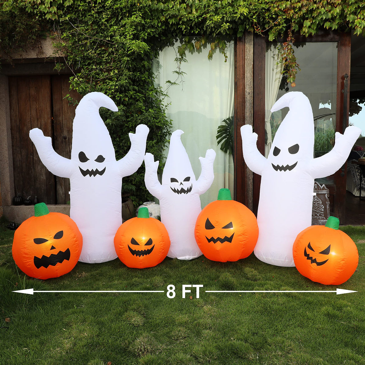 8 FT Lighted Halloween Inflatable Ghosts with Pumpkins I575