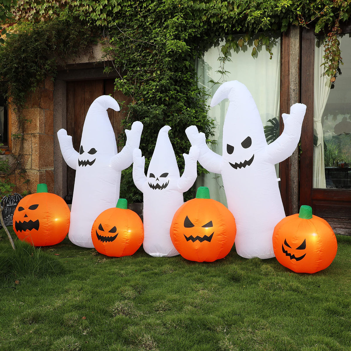 8 FT Lighted Halloween Inflatable Ghosts with Pumpkins I575